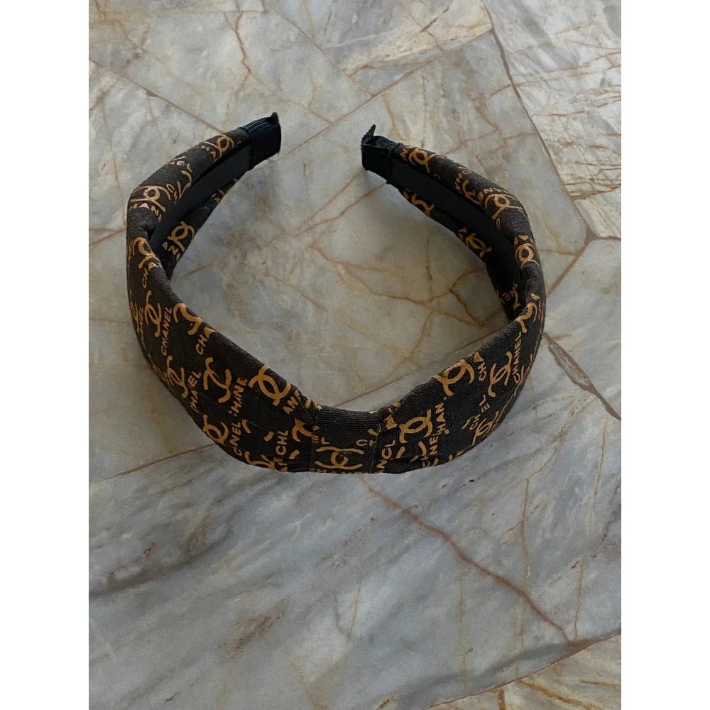 Brown Canvas Logo Print Knotted Headband Gold Tone Motif Accessory